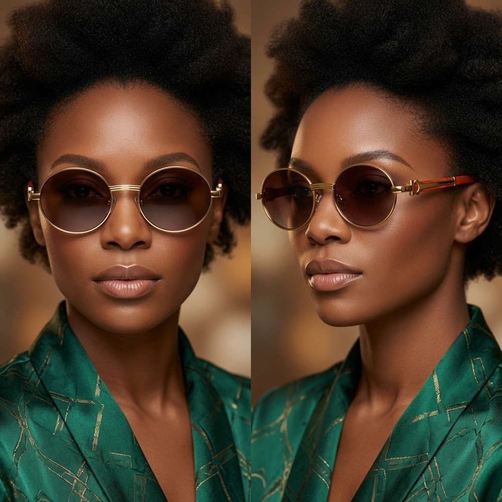 Women Round Sunglasses Gold Frame Brown Gradient Lens Wood Arms Shades Hip‎ Hop